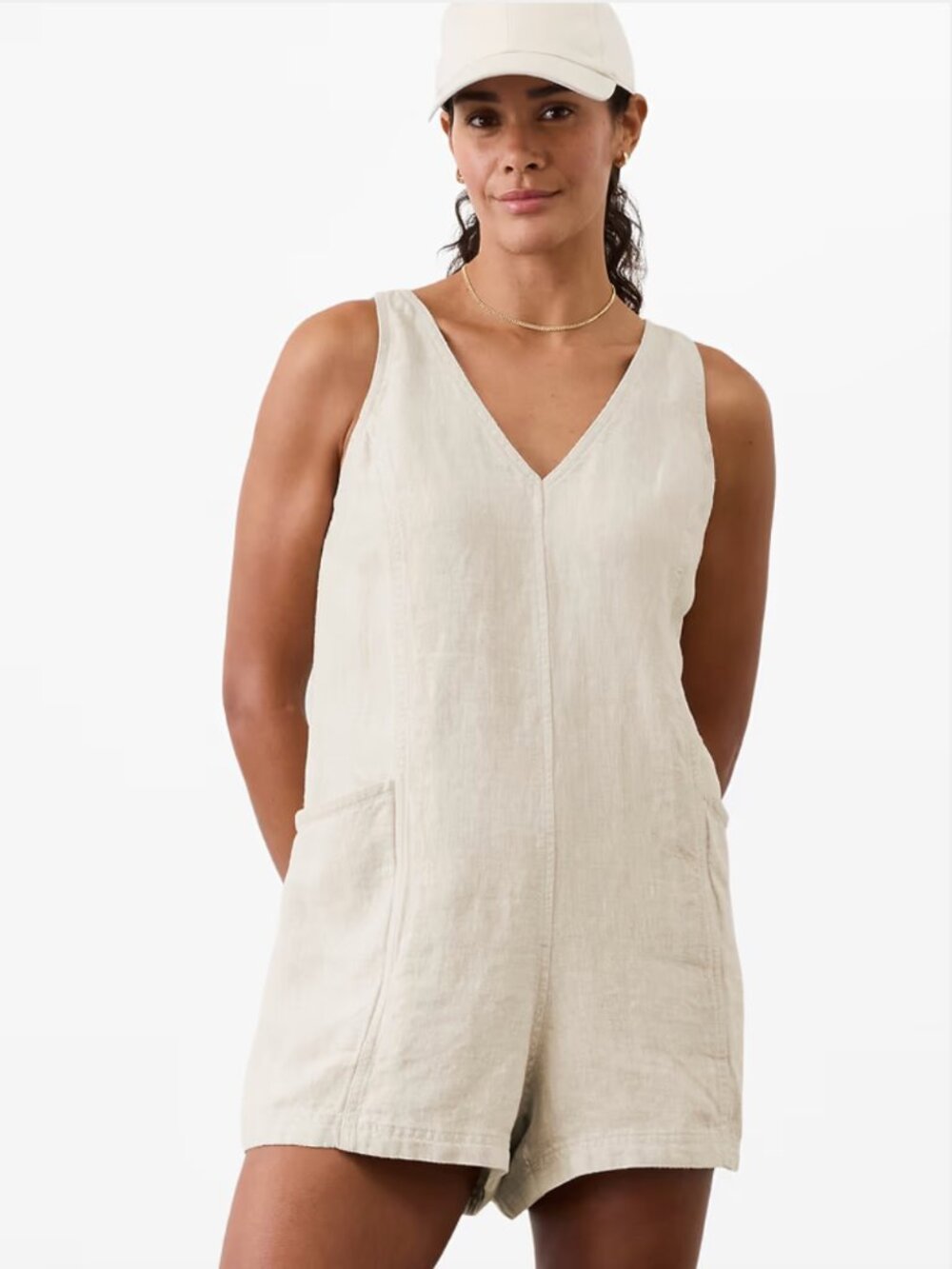Athleta S Small Retreat 100% Linen Romper Undyed 1-Piece Big Pockets Coastal